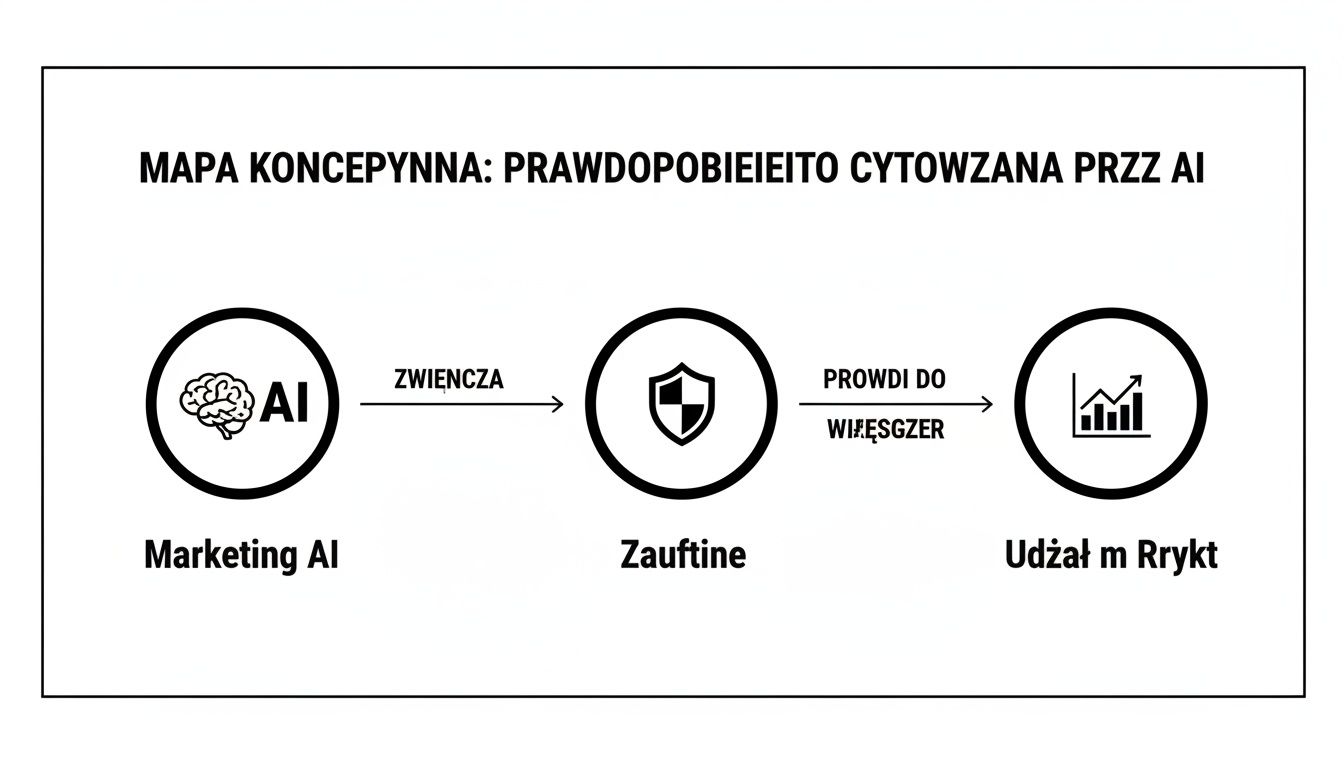 Mapa koncepcyjna: Marketing AI zwiększa zaufanie, co prowadzi do większego udziału w rynku.