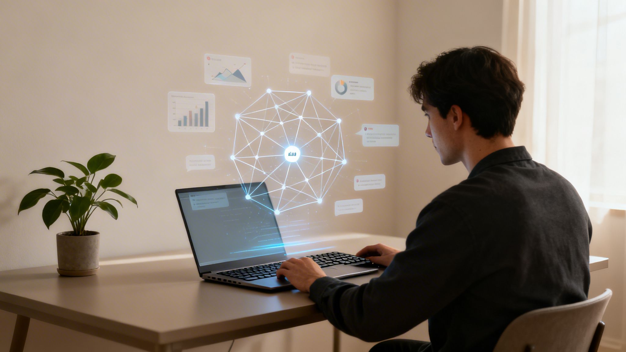 Mężczyzna pracuje na laptopie z holograficzną wizualizacją danych, przedstawiającą połączone informacje i wykresy nad biurkiem.
