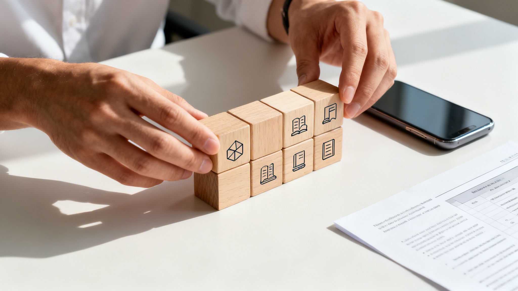 Osoba układa drewniane klocki z ikonami książek i dokumentów na białym biurku, obok smartfona.
