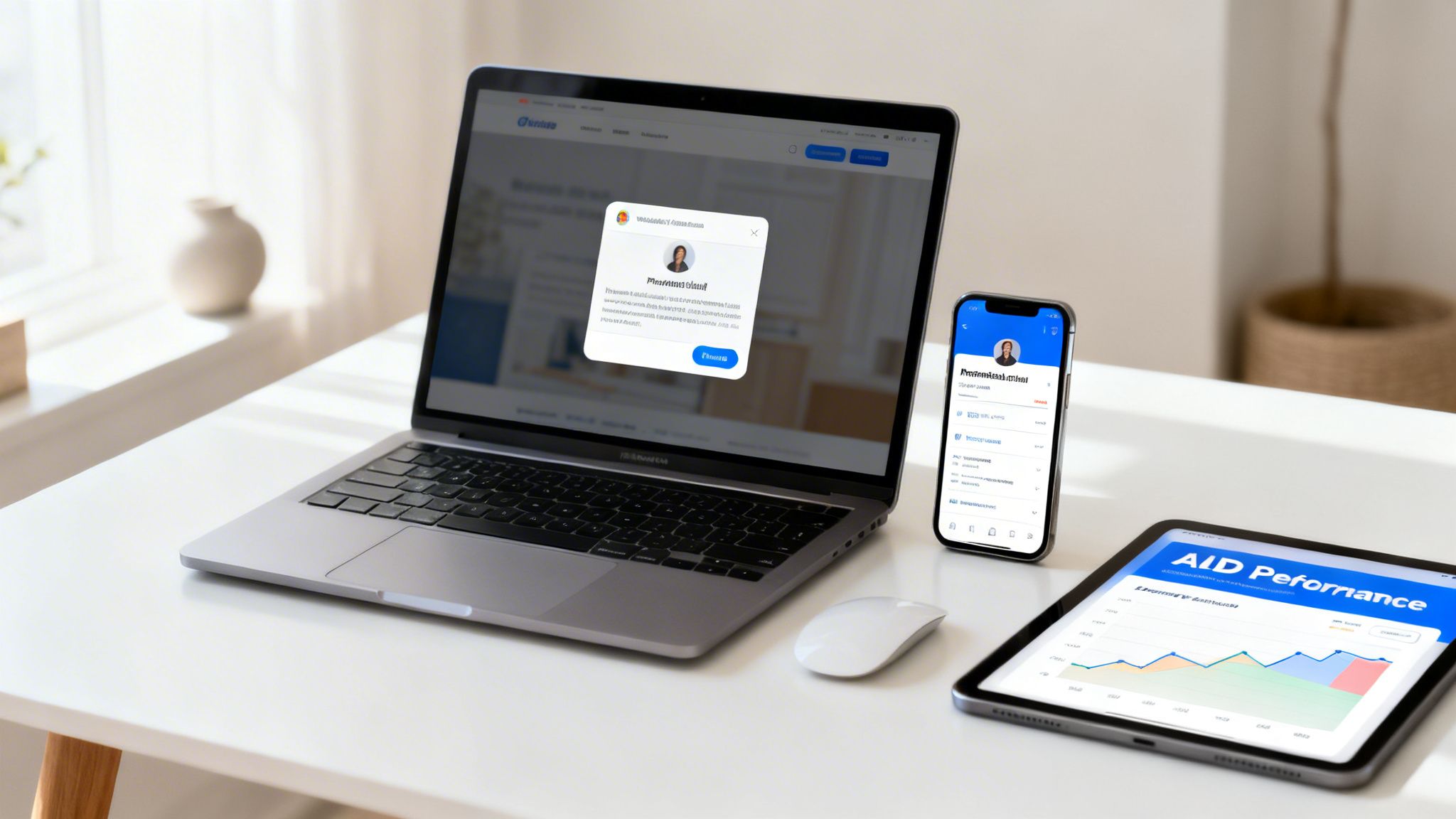Nowoczesne biurko z laptopem, smartfonem i tabletem wyświetlającymi dane, myszką obok laptopa.