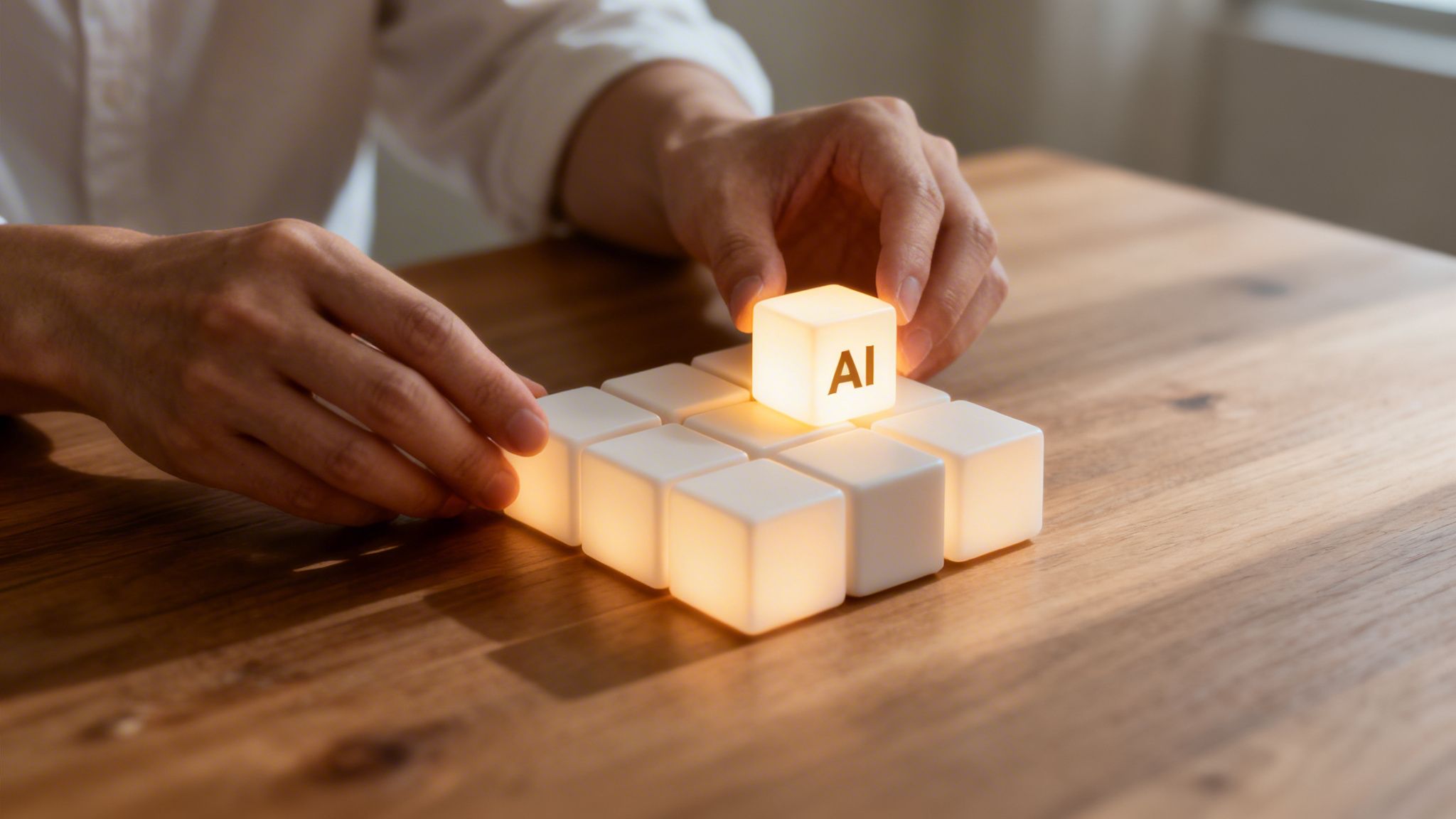 Ręce układają świecące kostki na drewnianym stole, jedna z nich z napisem 'AI' mocno świeci, symbolizując innowacje.
