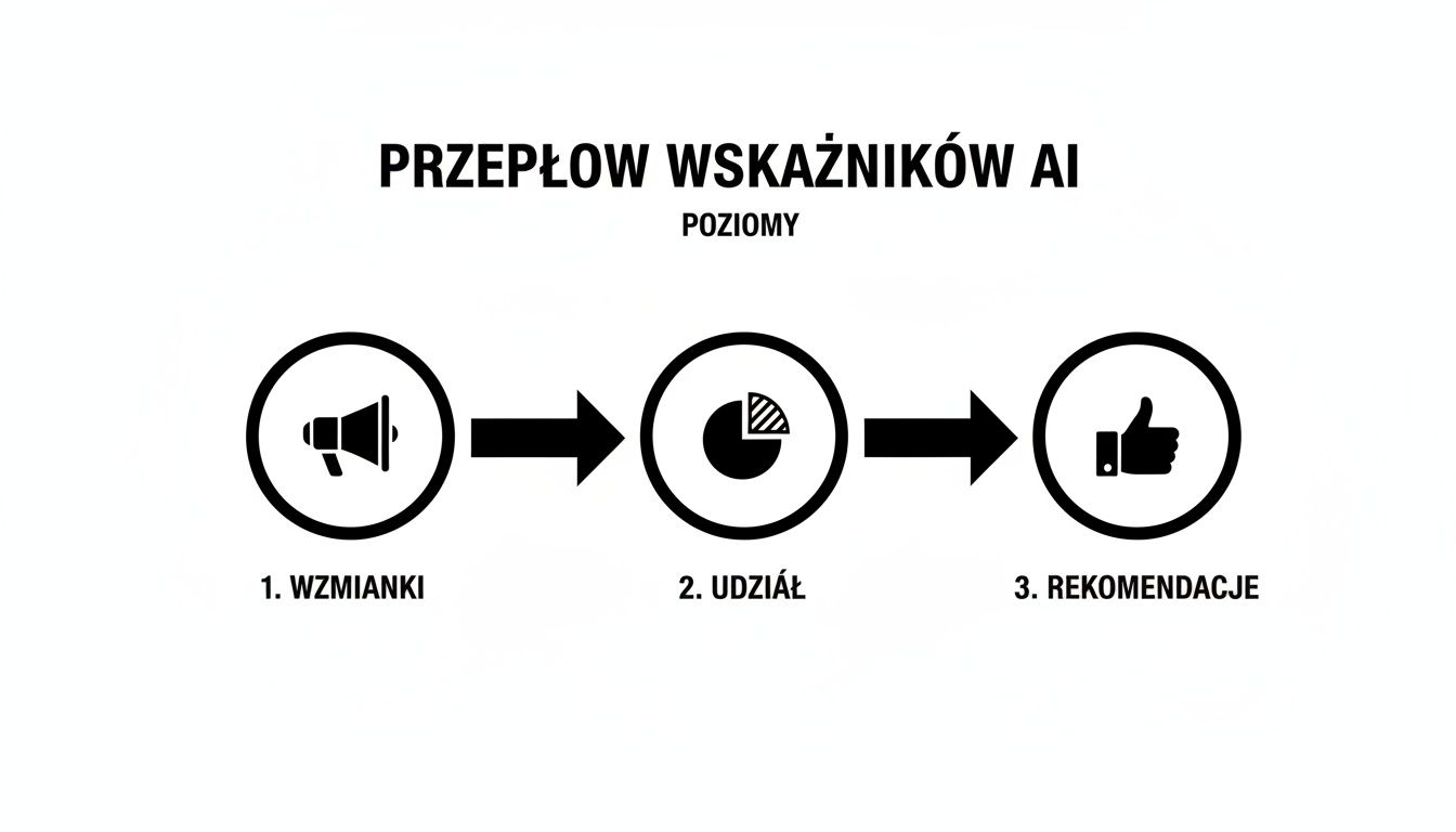 Schemat przepływu wskaźników AI, przedstawiający kroki od wzmianek, poprzez udział, do rekomendacji.
