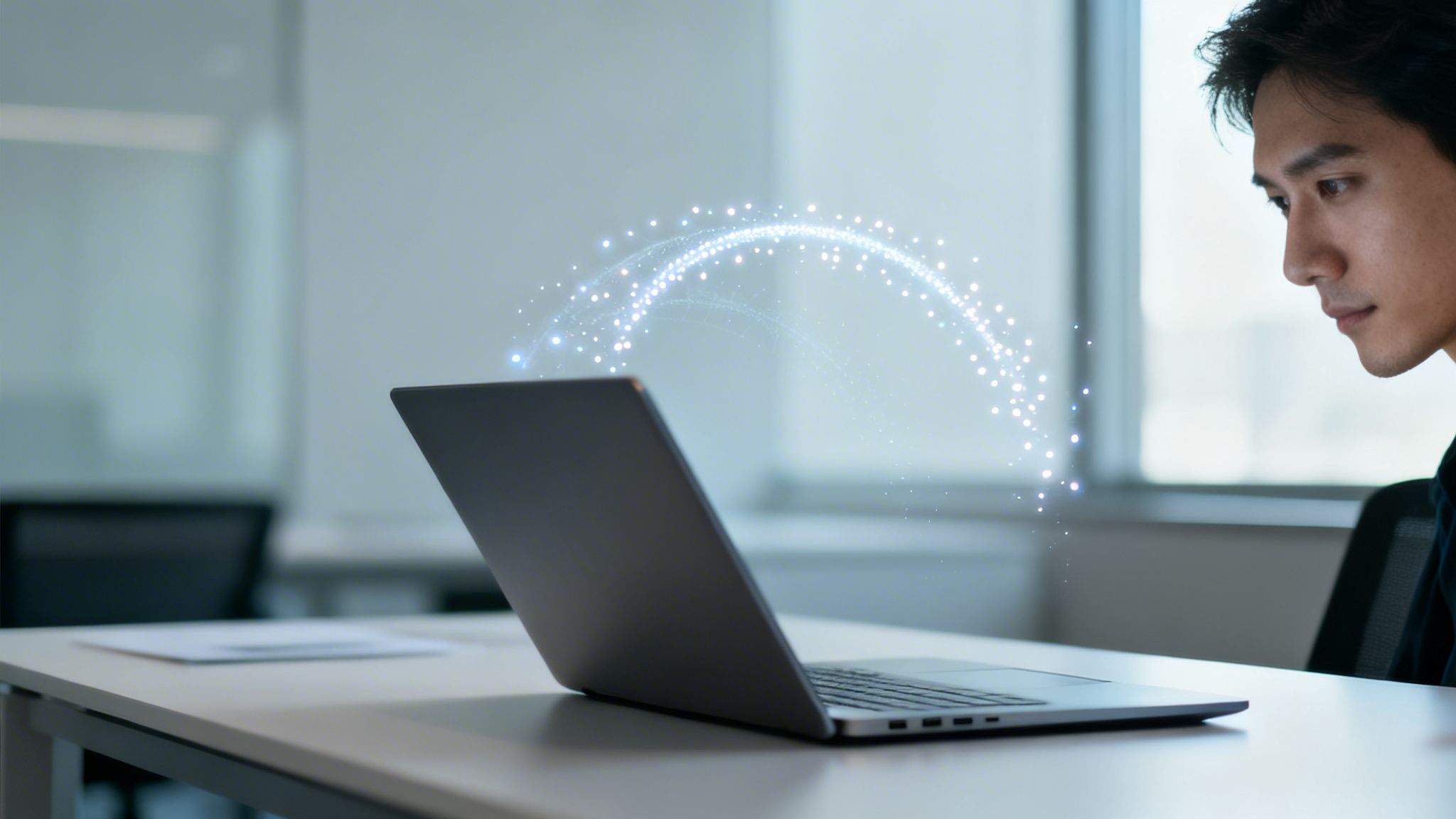 Mężczyzna patrzy na laptopa z łukiem świecących cząsteczek, symbolizującym technologię i połączenie danych w biurze.