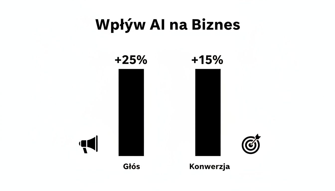 Wykres słupkowy pokazujący wpływ sztucznej inteligencji na biznes, zwiększający głos o 25% i konwersję o 15%.