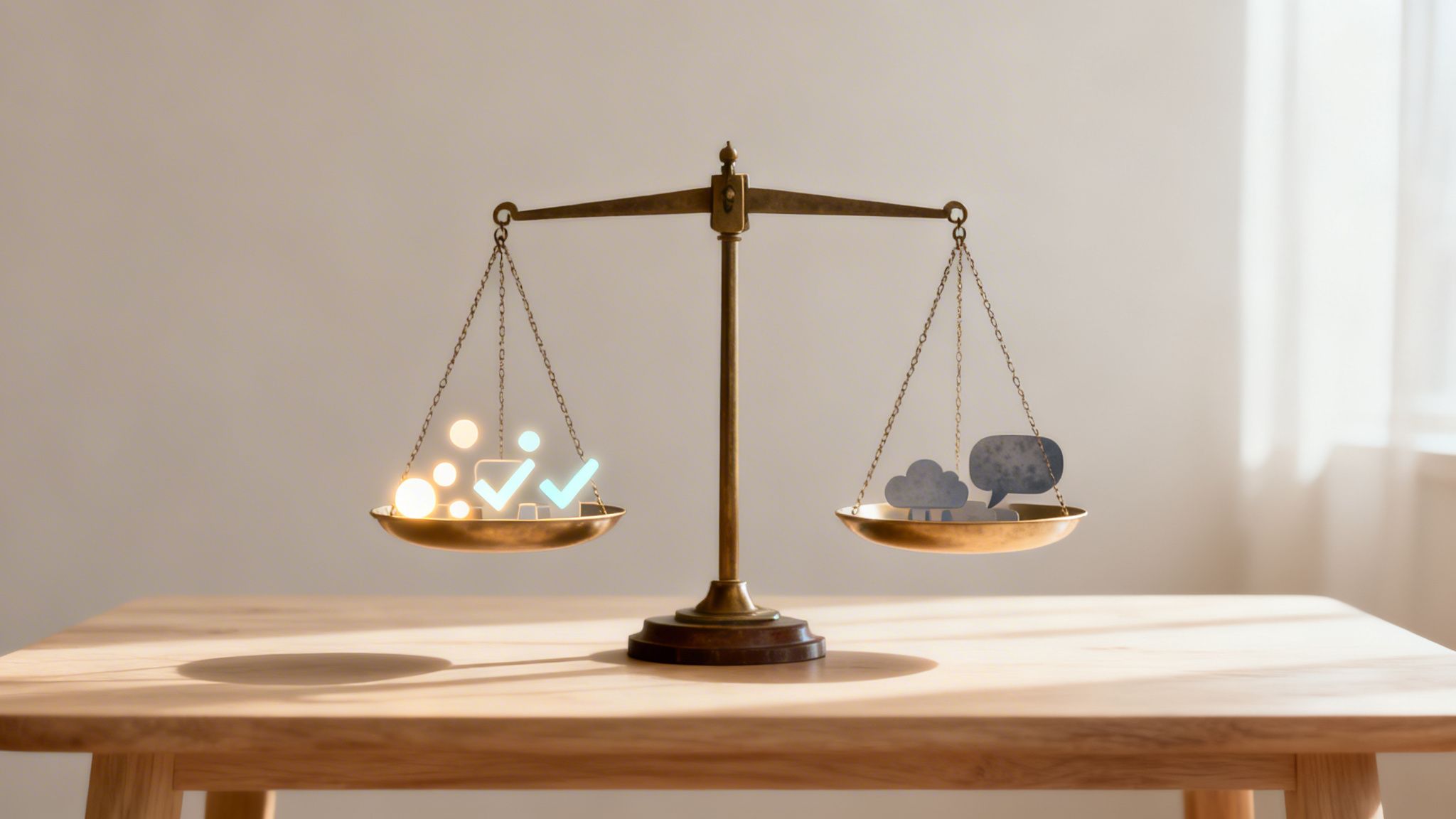 Waga szalkowa porównująca pozytywne wskaźniki (haczyki) z ikonami komunikacji i danych (chmura, dymki).