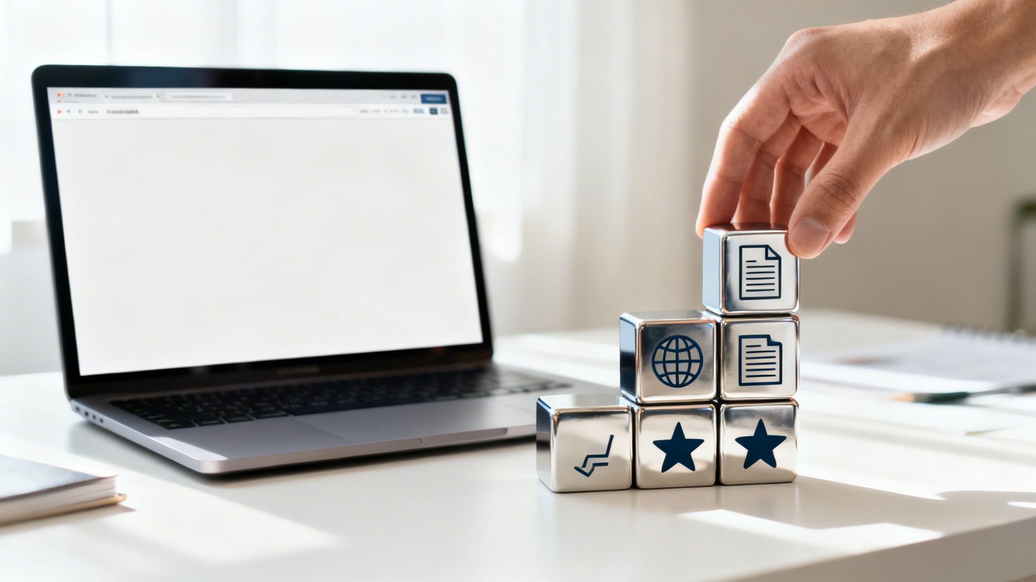Ręka układa srebrne kostki z ikonami danych, dokumentów i gwiazd, symbolizując budowanie strategii informacji.
