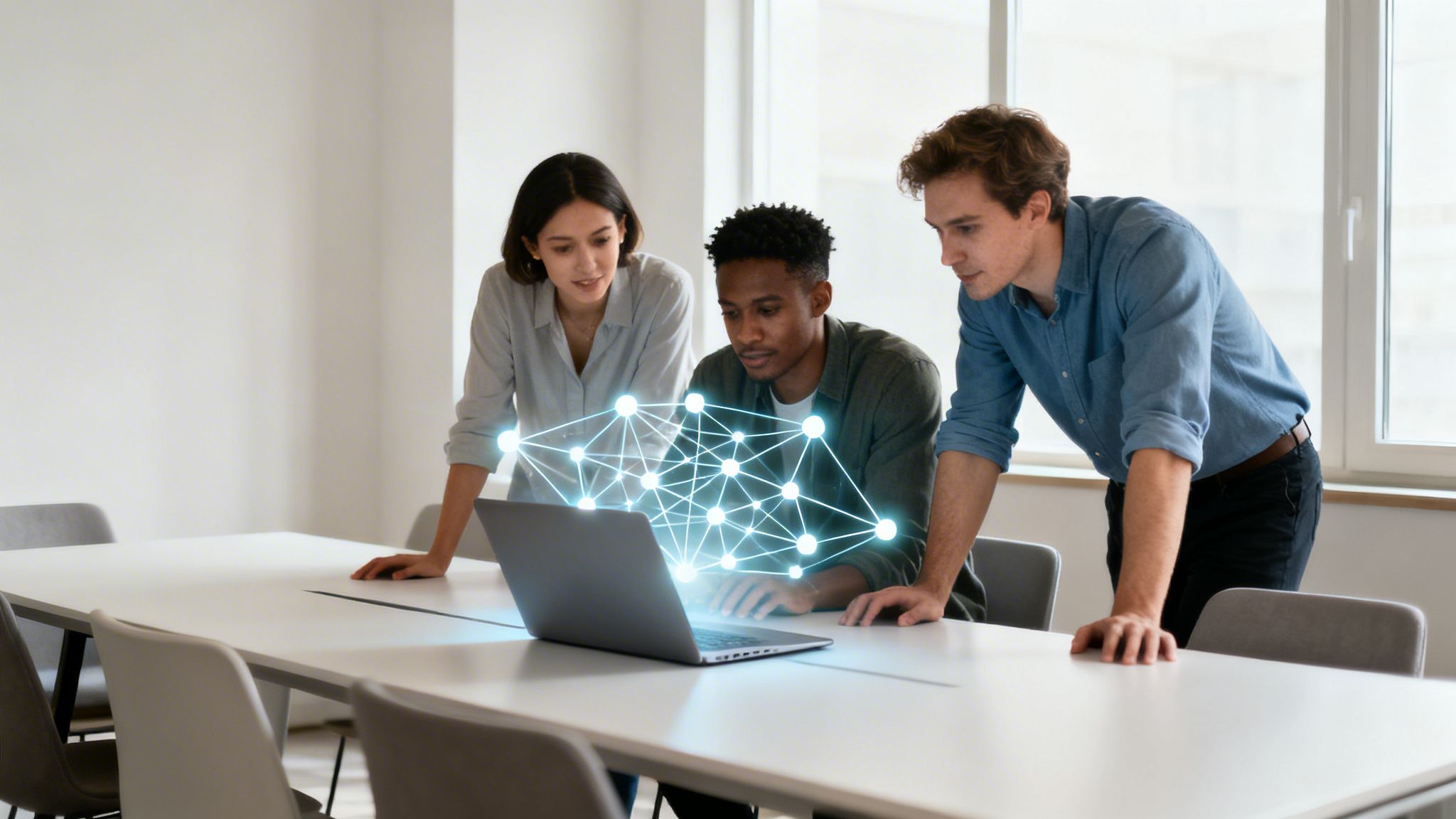 Trzy osoby, w tym kobieta i dwóch mężczyzn, oglądają sieć neuronową na laptopie w biurze.