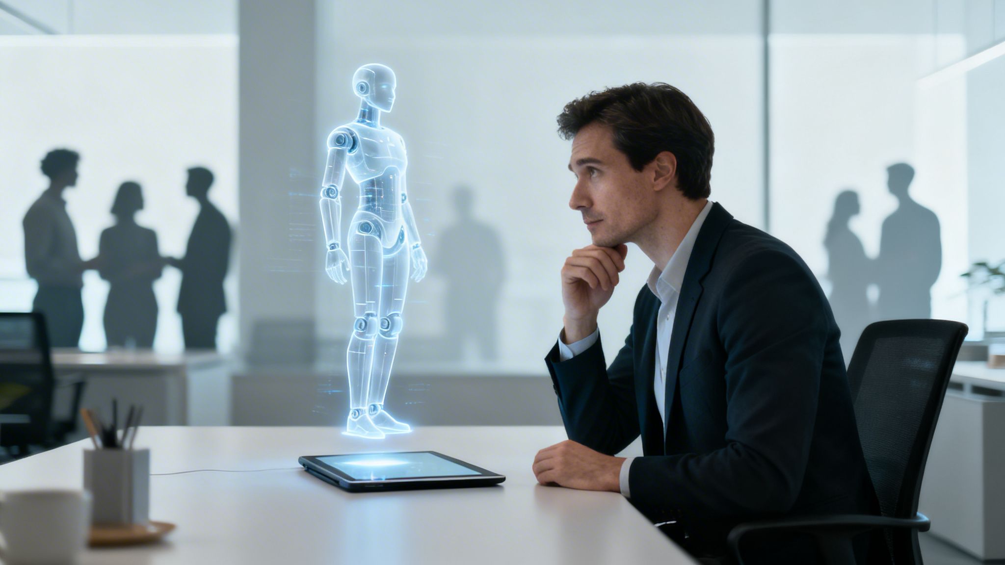 Mężczyzna w biurze patrzy na holograficzną projekcję robota AI wyświetloną z tabletu.