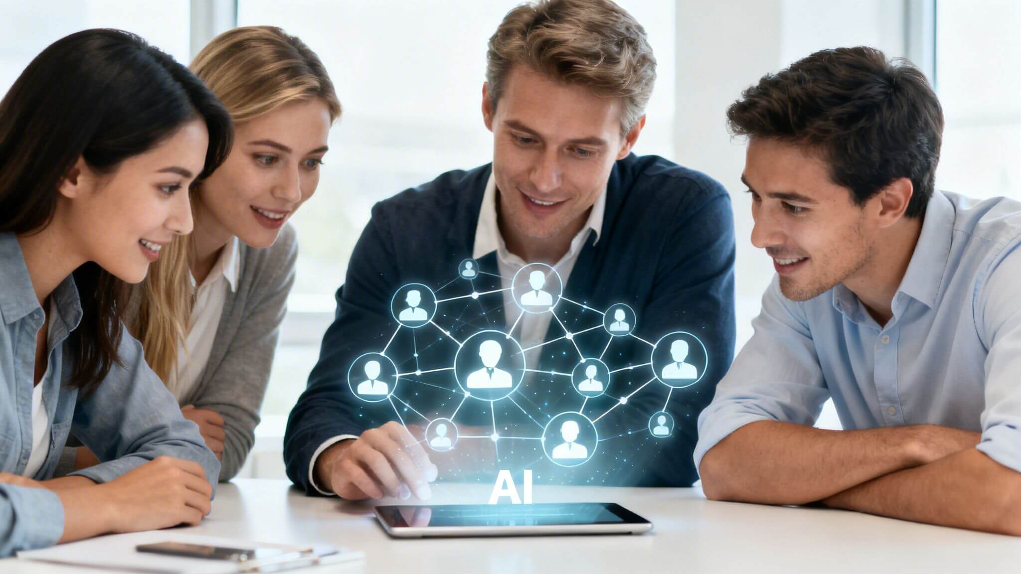 Grupa osób dyskutuje o sztucznej inteligencji, patrząc na sieć ikon użytkowników wyświetloną na tablecie.