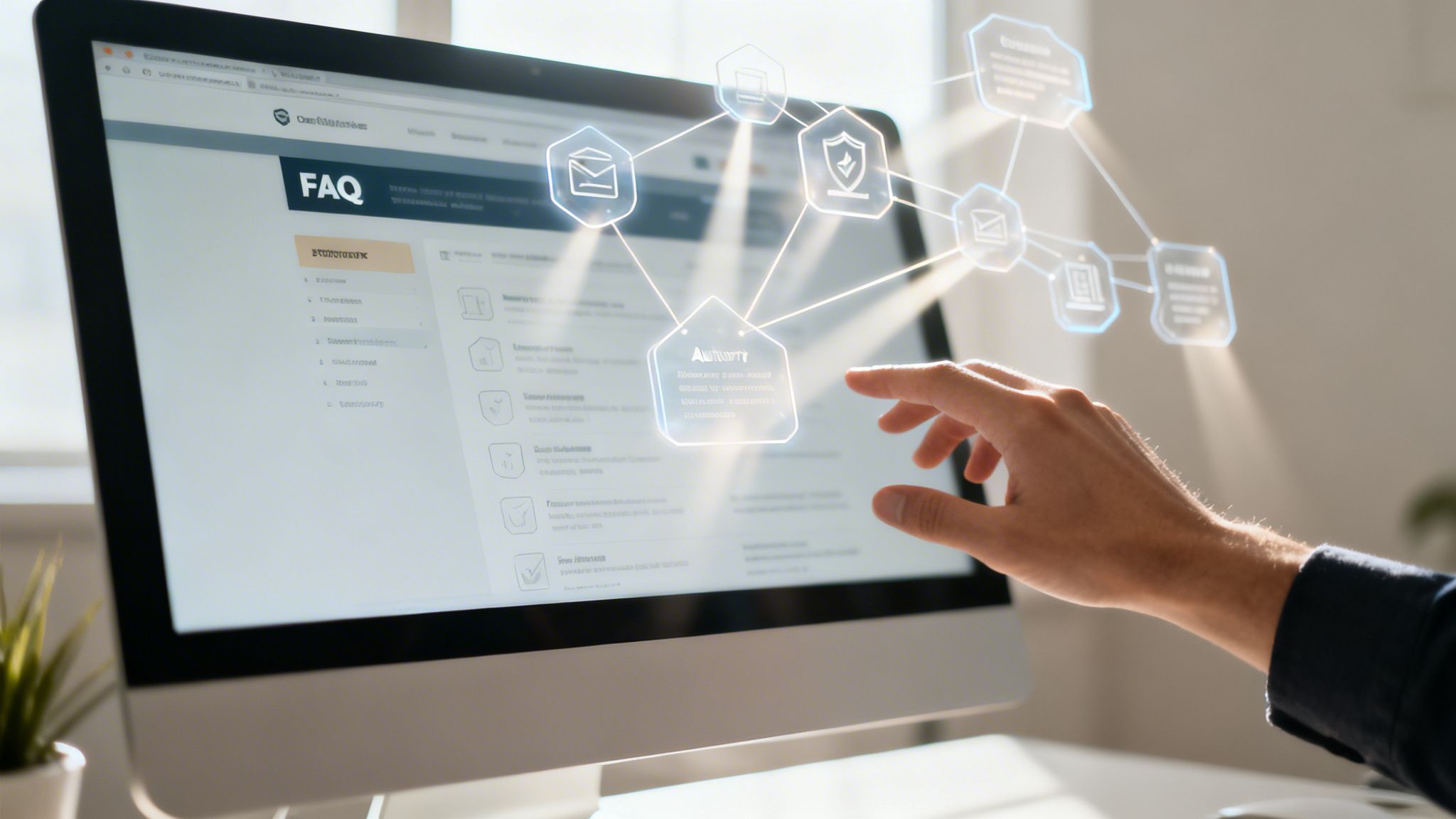 Ręka dotykająca ekranu komputera z interfejsem FAQ i siecią holograficznych ikon symbolizujących technologię i cyfrowe procesy.