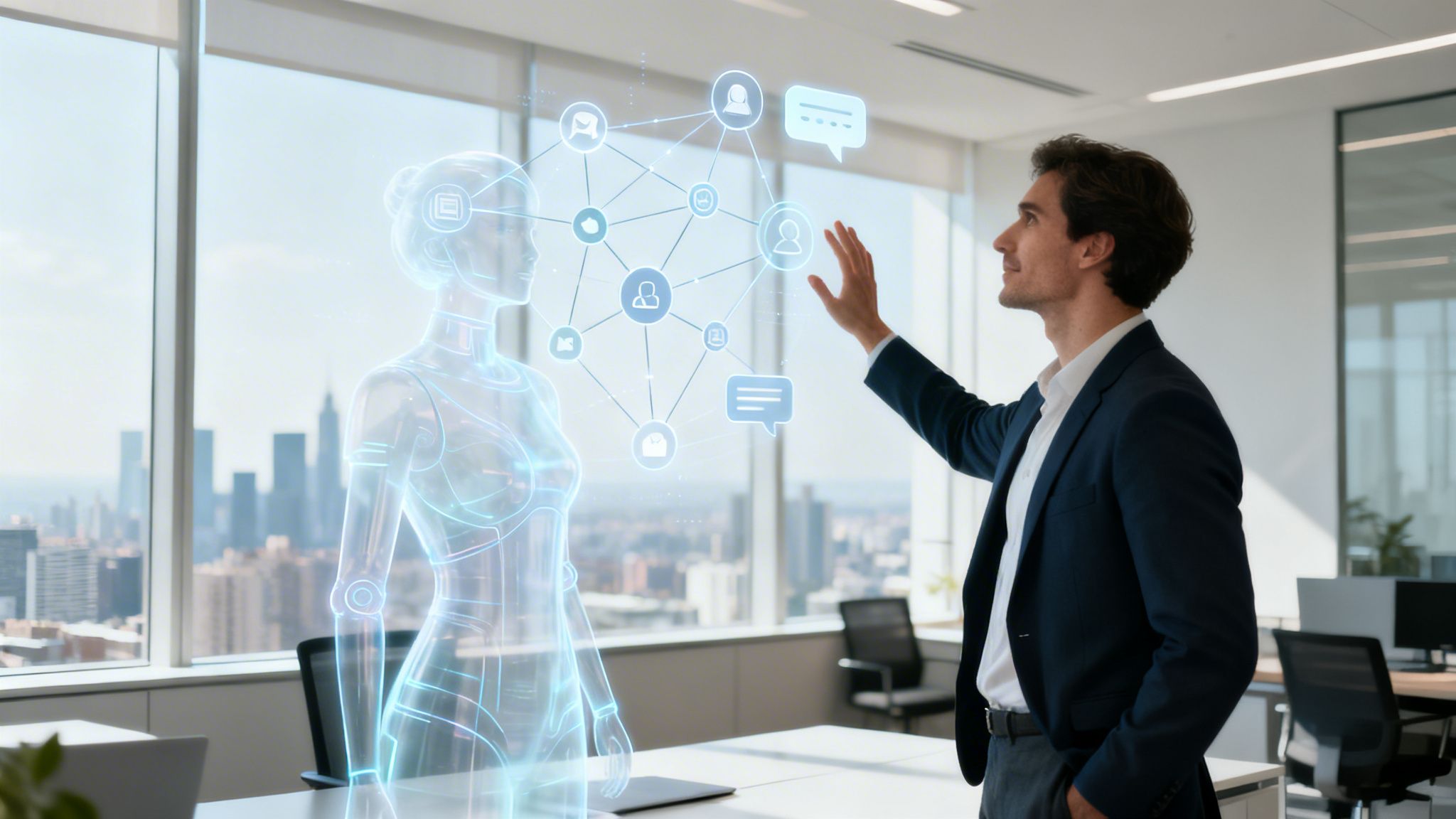 Mężczyzna w biurze dotyka holograficznego asystenta AI z siecią ikon na tle panoramy miasta.