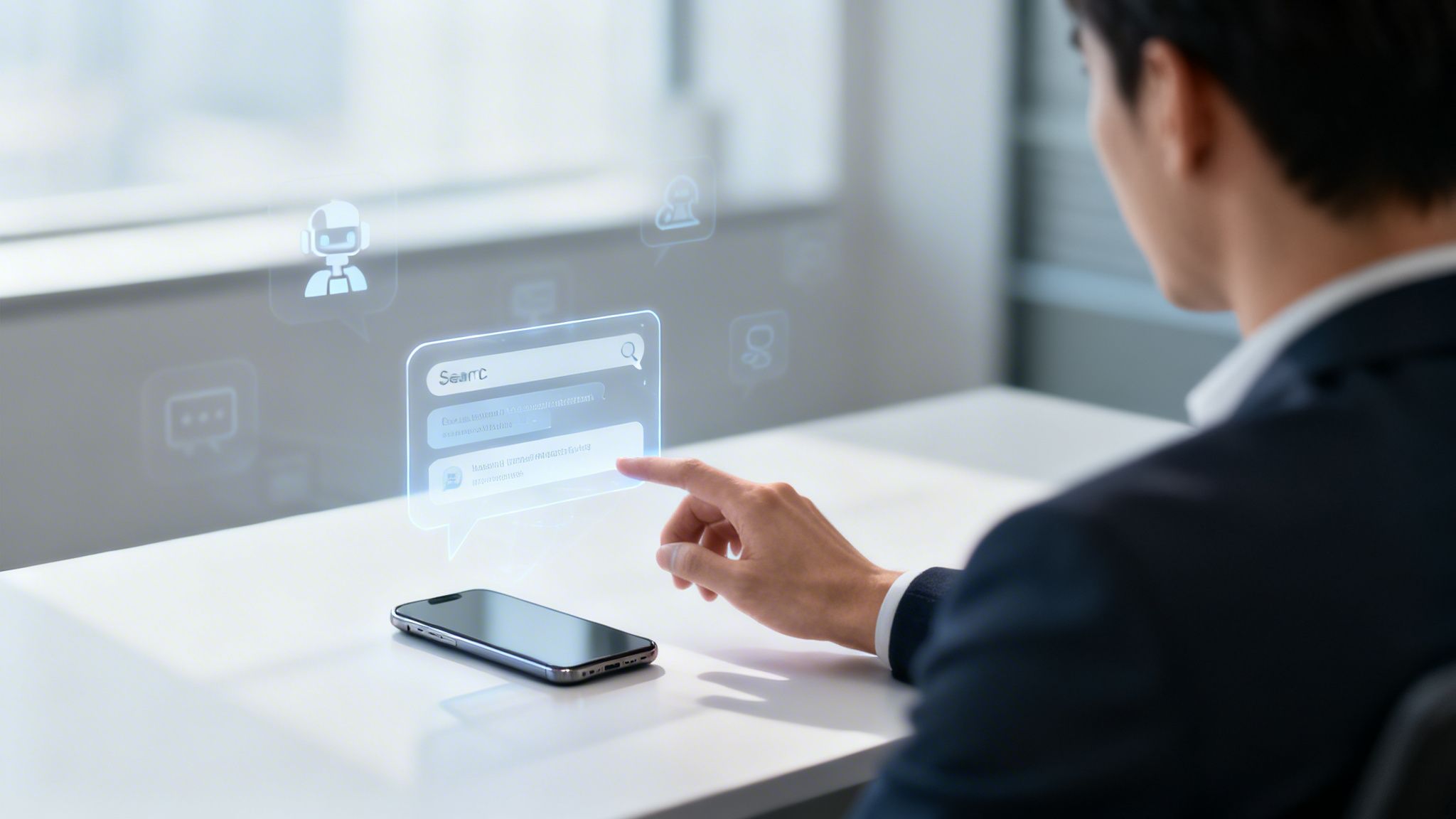 Mężczyzna korzystający z interaktywnego interfejsu AI z wyszukiwarką, obok leży smartfon na stole.