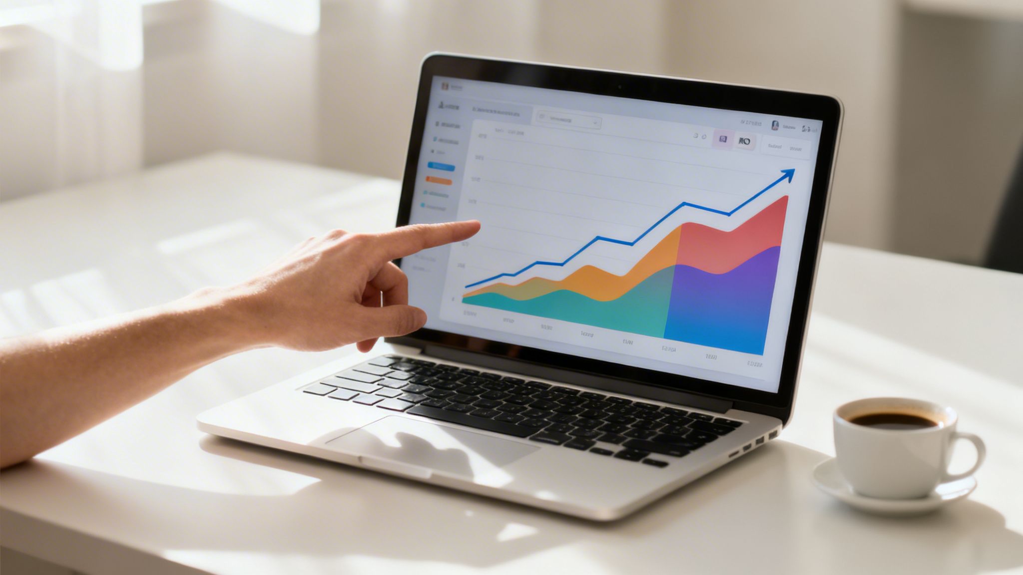 Ręka wskazuje na laptop z wykresem wzrostowym na ekranie. Obok stoi filiżanka kawy.