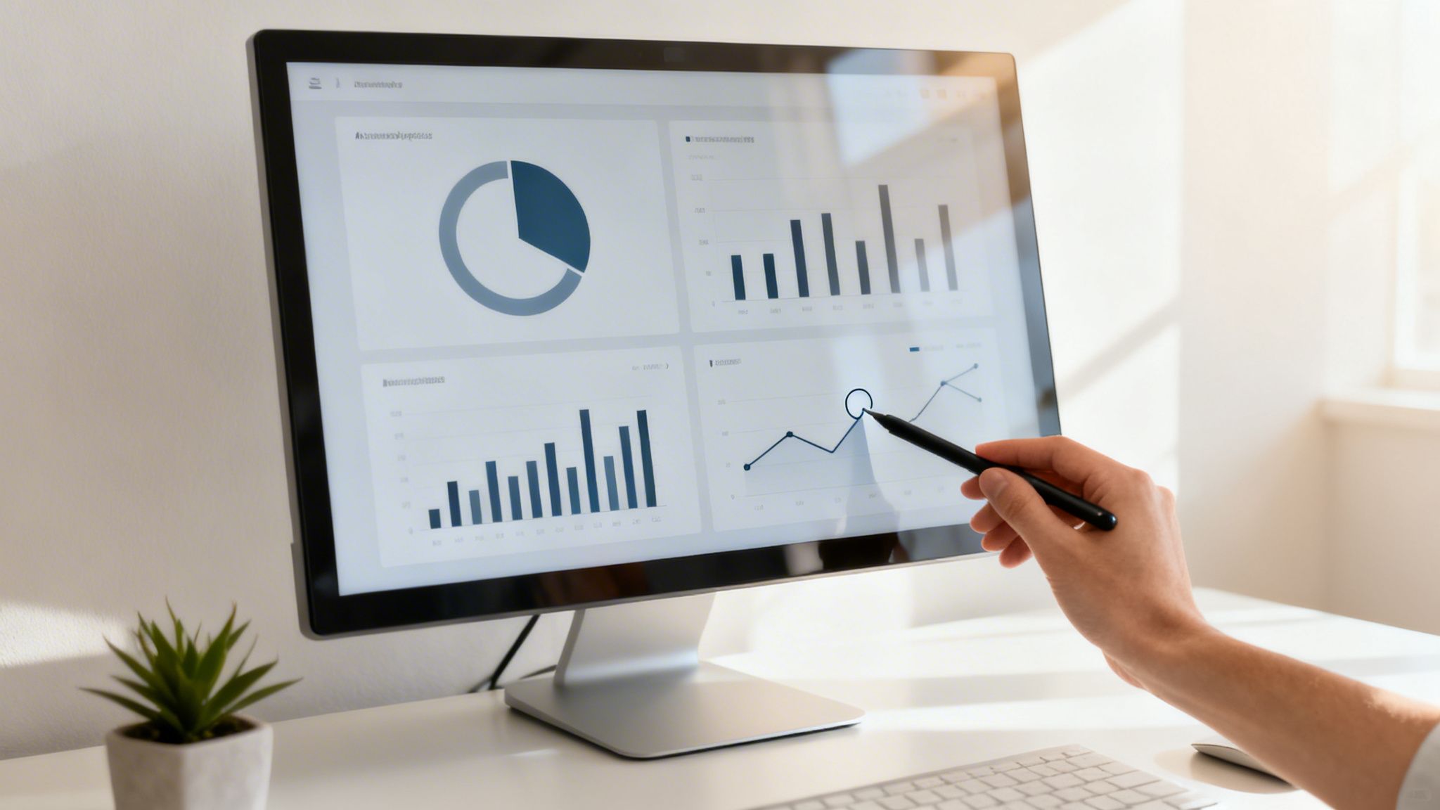 Mężczyzna wskazuje rysikiem na ekran komputera wyświetlający wykresy analizy biznesowej i danych.