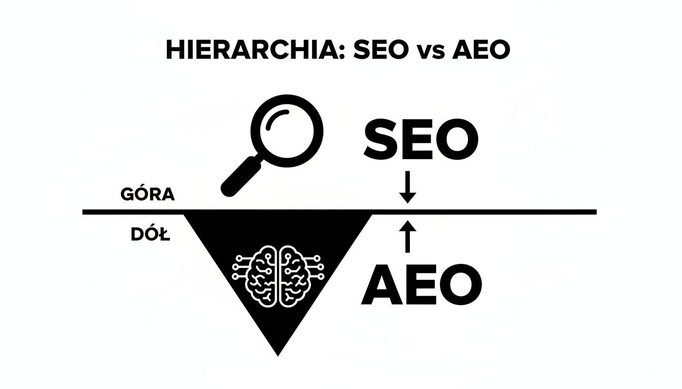 Diagram przedstawiający hierarchię między SEO a AEO, z SEO na górze i AEO na dole, symbolizujące głębsze zrozumienie.
