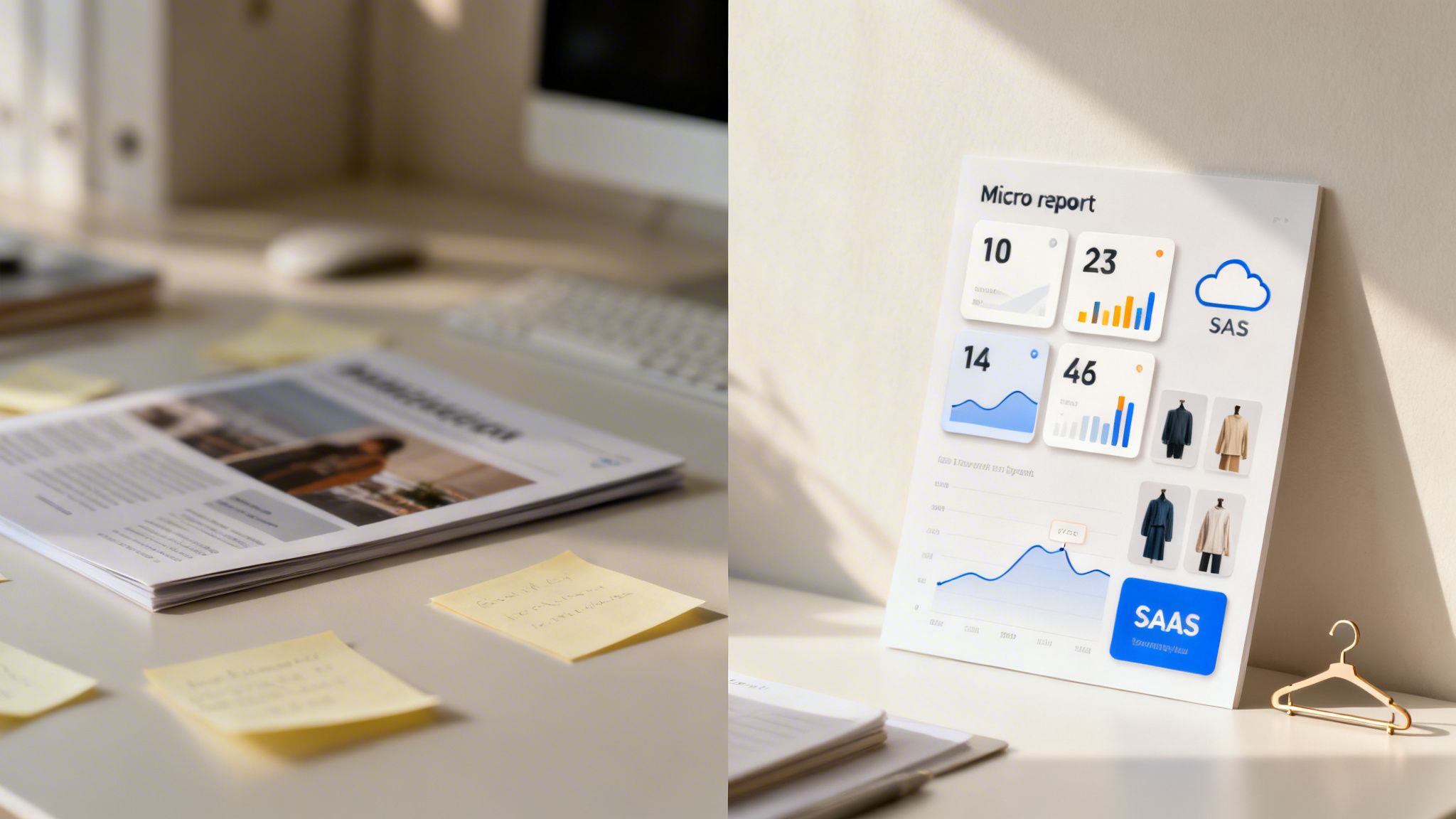 Jasne biurko z magazynem i notatkami oraz cyfrowy raport z danymi i ubraniami, w minimalistycznym otoczeniu.