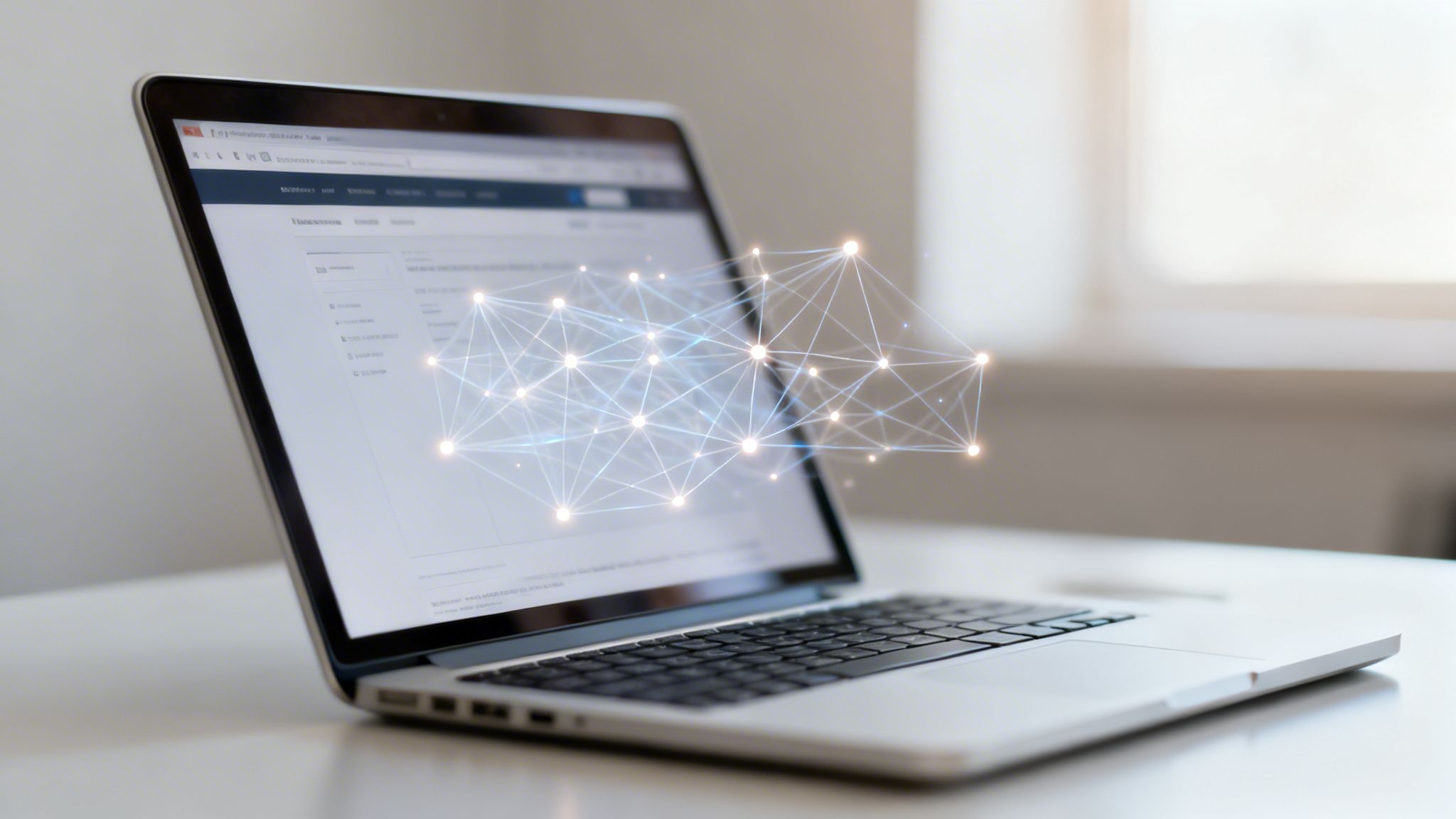 Laptop wyświetlający wizualizację połączonych punktów danych, symbolizującą sztuczną inteligencję i strukturę sieci.