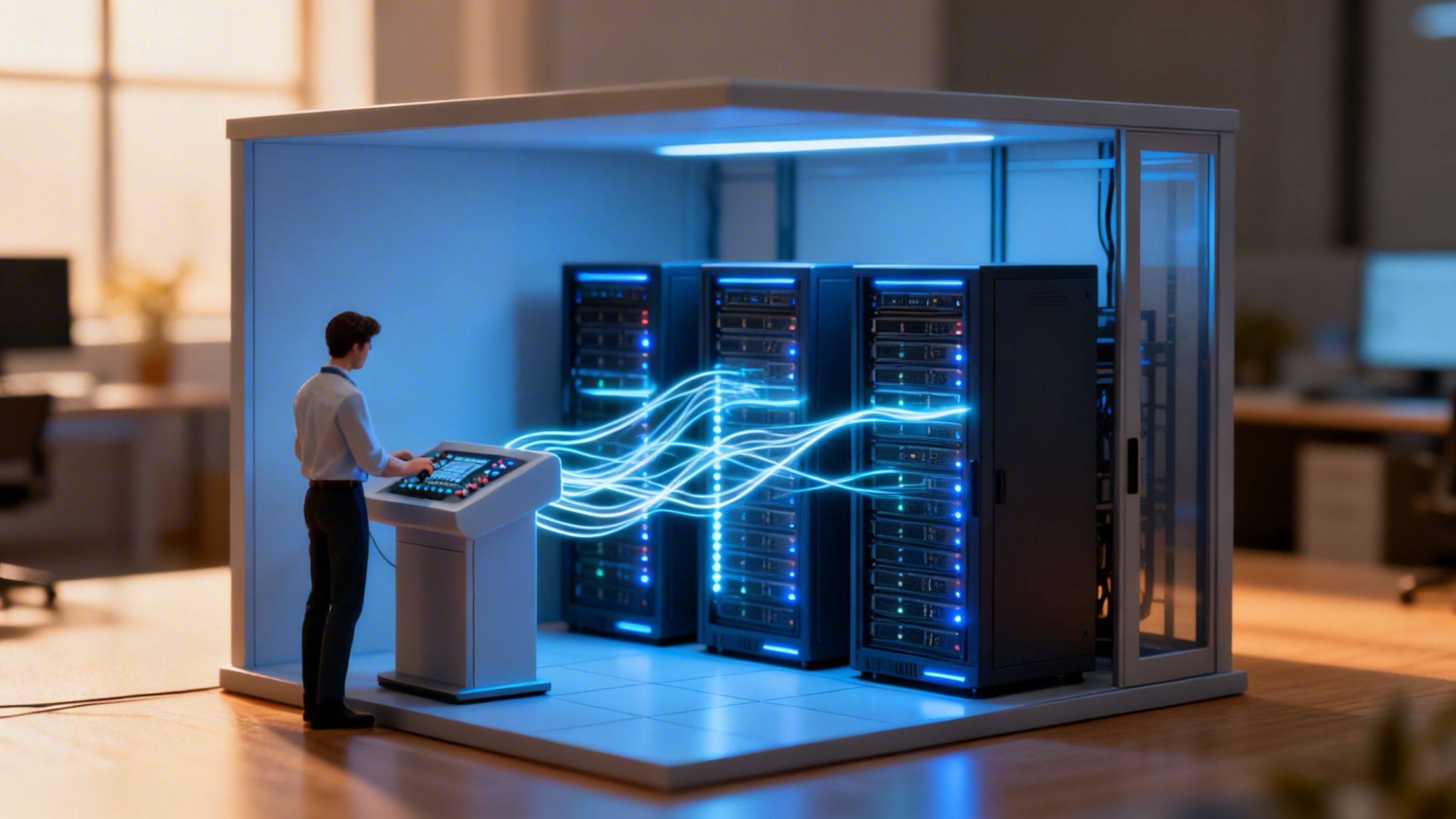 Mężczyzna obsługuje panel sterowania, zarządzając danymi w miniaturowym centrum serwerowym z niebieskimi światłami.